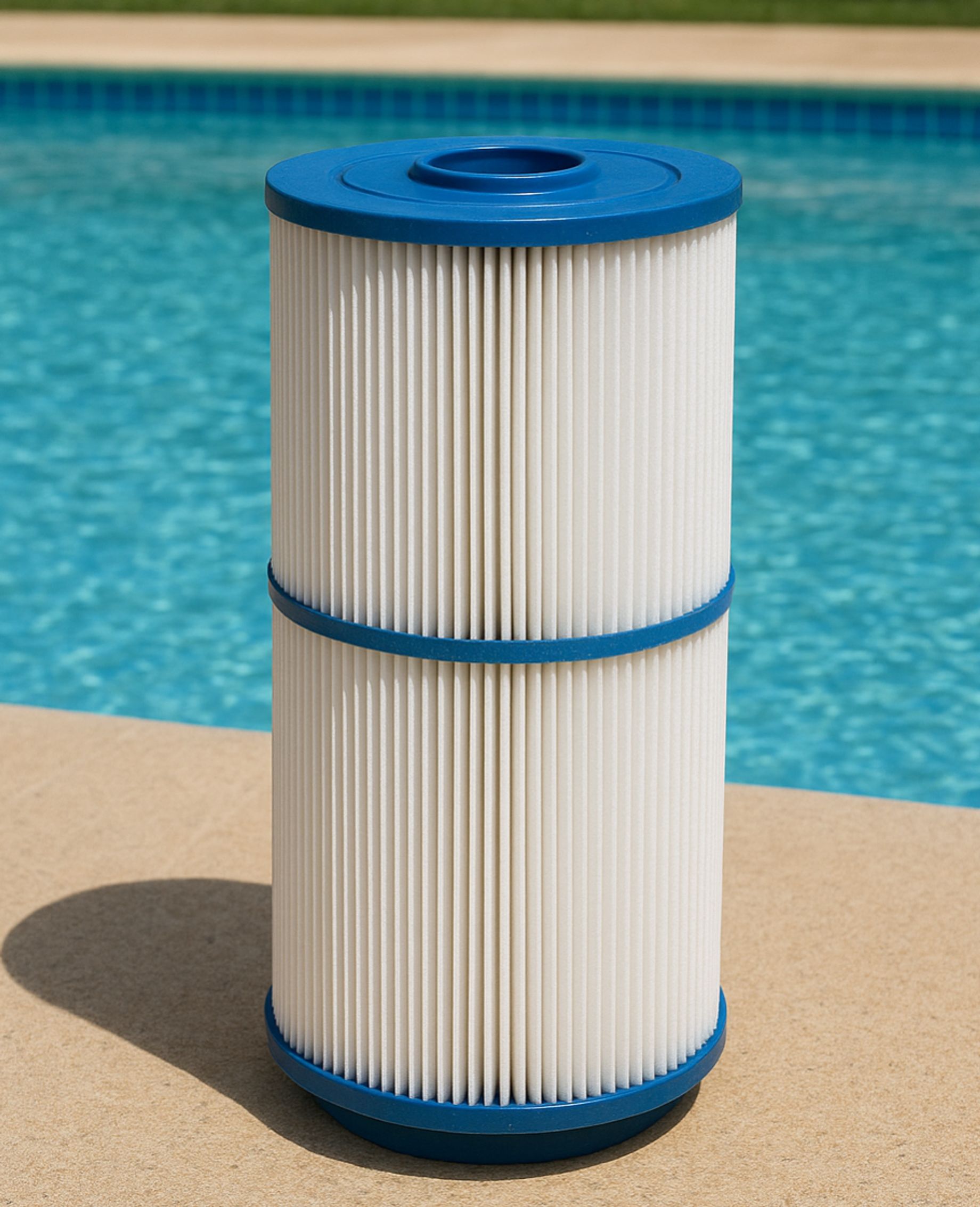 Pool filter cartridge set on the pool deck